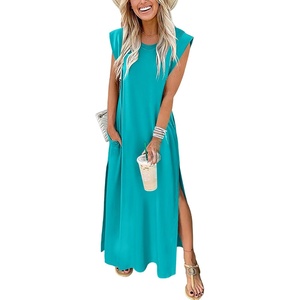 image:imageANRABESS Summer Dress for Women 2026 Maxi Sundresses Casual Cap Sleeve Crew Neck Loose Split Beach Travel Vacation ClothesLake Blue