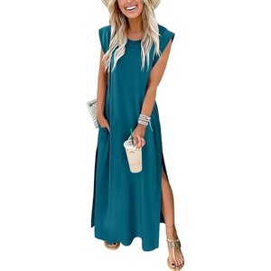 image:imageANRABESS Summer Dress for Women 2026 Maxi Sundresses Casual Cap Sleeve Crew Neck Loose Split Beach Travel Vacation ClothesLake Green