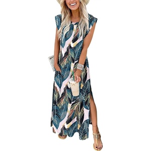 image:imageANRABESS Summer Dress for Women 2026 Maxi Sundresses Casual Cap Sleeve Crew Neck Loose Split Beach Travel Vacation ClothesLeaf Printed