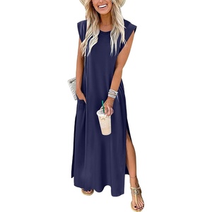 image:imageANRABESS Summer Dress for Women 2026 Maxi Sundresses Casual Cap Sleeve Crew Neck Loose Split Beach Travel Vacation ClothesNavy Blue
