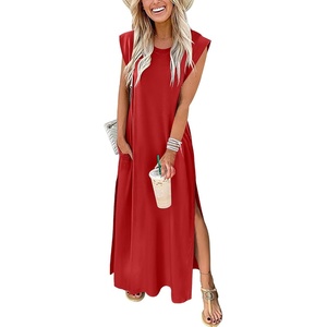 image:imageANRABESS Summer Dress for Women 2026 Maxi Sundresses Casual Cap Sleeve Crew Neck Loose Split Beach Travel Vacation ClothesRed