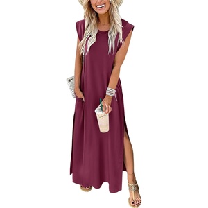 image:imageANRABESS Summer Dress for Women 2026 Maxi Sundresses Casual Cap Sleeve Crew Neck Loose Split Beach Travel Vacation ClothesWine Red