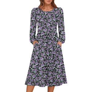 image:imageANRABESS Women Long Sleeve Casual Midi Dress  Crewneck Flowy ALine Long Dresses Soft Lightweight Church Vacation Floral Outfits Fall Fashion Transition ClothesFloral Black Purple