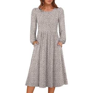 image:imageANRABESS Women Long Sleeve Casual Midi Dress  Crewneck Flowy ALine Long Dresses Soft Lightweight Church Vacation Floral Outfits Fall Fashion Transition ClothesGrey Khaki White Dot