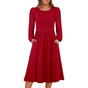 image:imageANRABESS Women Long Sleeve Casual Midi Dress  Crewneck Flowy ALine Long Dresses Soft Lightweight Church Vacation Floral Outfits Fall Fashion Transition ClothesBright Red
