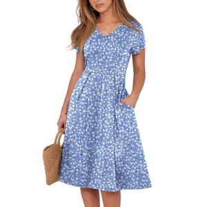 image:imageANRABESS Women Summer Dress Casual Short Sleeve V Neck ALine Knee Length Pleated Flowy 2026 Fashion Midi Dresses with PocketBlue White Floral