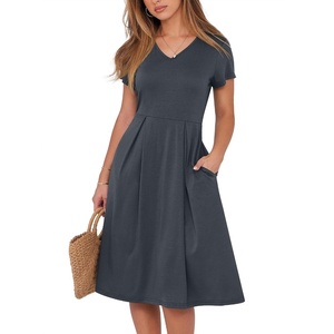 image:imageANRABESS Women Summer Dress Casual Short Sleeve V Neck ALine Knee Length Pleated Flowy 2026 Fashion Midi Dresses with PocketDeep Grey