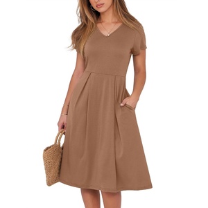 image:imageANRABESS Women Summer Dress Casual Short Sleeve V Neck ALine Knee Length Pleated Flowy 2026 Fashion Midi Dresses with PocketKhaki