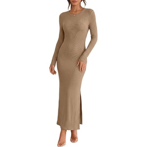image:imageANRABESS Womens Long Sleeve Bodycon Maxi Dress  Soft Stretchy Ribbed Knit Crew Neck Side Slit Casual Date Night Cocktail Party Elegant Chic Spring Summer Fall All SeasonLight Brown