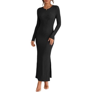 image:imageANRABESS Womens Long Sleeve Bodycon Maxi Dress  Soft Stretchy Ribbed Knit Crew Neck Side Slit Casual Date Night Cocktail Party Elegant Chic Spring Summer Fall All SeasonBlack