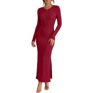 image:imageANRABESS Womens Long Sleeve Bodycon Maxi Dress  Soft Stretchy Ribbed Knit Crew Neck Side Slit Casual Date Night Cocktail Party Elegant Chic Spring Summer Fall All SeasonDark Red
