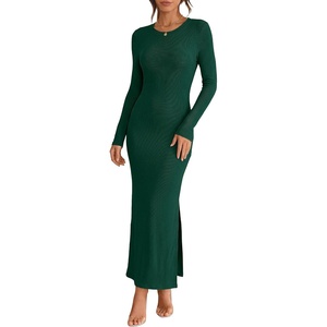 image:imageANRABESS Womens Long Sleeve Bodycon Maxi Dress  Soft Stretchy Ribbed Knit Crew Neck Side Slit Casual Date Night Cocktail Party Elegant Chic Spring Summer Fall All SeasonDeep Green