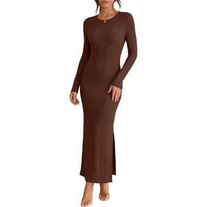 image:imageANRABESS Womens Long Sleeve Bodycon Maxi Dress  Soft Stretchy Ribbed Knit Crew Neck Side Slit Casual Date Night Cocktail Party Elegant Chic Spring Summer Fall All SeasonBrown
