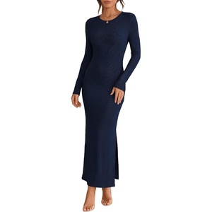 image:imageANRABESS Womens Long Sleeve Bodycon Maxi Dress  Soft Stretchy Ribbed Knit Crew Neck Side Slit Casual Date Night Cocktail Party Elegant Chic Spring Summer Fall All SeasonNavy Blue