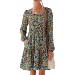 image:imageANRABESS Womens Long Sleeve Square Neck Short Dress  Casual Flowy Tiered ALine with PocketsFloralampSolidampStripedFall OutfitsSoft lightweightCute for Work Party Everyday WearMulticolored Floral