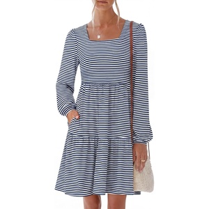 image:imageANRABESS Womens Long Sleeve Square Neck Short Dress  Casual Flowy Tiered ALine with PocketsFloralampSolidampStripedFall OutfitsSoft lightweightCute for Work Party Everyday WearNavy White Stripe