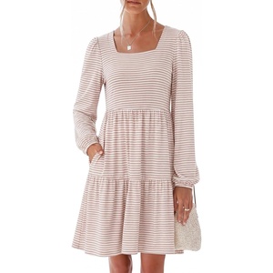 image:imageANRABESS Womens Long Sleeve Square Neck Short Dress  Casual Flowy Tiered ALine with PocketsFloralampSolidampStripedFall OutfitsSoft lightweightCute for Work Party Everyday WearPink Stripe
