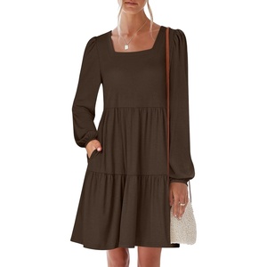 image:imageANRABESS Womens Long Sleeve Square Neck Short Dress  Casual Flowy Tiered ALine with PocketsFloralampSolidampStripedFall OutfitsSoft lightweightCute for Work Party Everyday WearCoffee