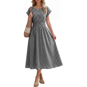 image:imageANRABESS Womens Summer Midi Dress Striped Casual Short Sleeve Crewneck Elastic Waist 2026 Flowy Long Beach Dress with PocketsBlack Gingham