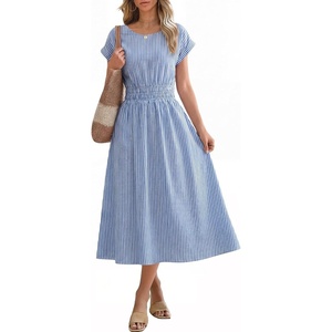 image:imageANRABESS Womens Summer Midi Dress Striped Casual Short Sleeve Crewneck Elastic Waist 2026 Flowy Long Beach Dress with PocketsBlue White Stripe