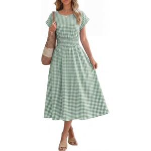 image:imageANRABESS Womens Summer Midi Dress Striped Casual Short Sleeve Crewneck Elastic Waist 2026 Flowy Long Beach Dress with PocketsGreen Gingham