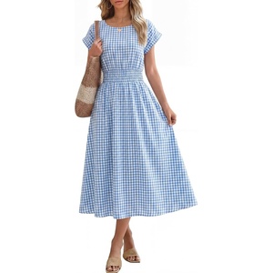 image:imageANRABESS Womens Summer Midi Dress Striped Casual Short Sleeve Crewneck Elastic Waist 2026 Flowy Long Beach Dress with PocketsLight Blue Gingham