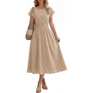 image:imageANRABESS Womens Summer Midi Dress Striped Casual Short Sleeve Crewneck Elastic Waist 2026 Flowy Long Beach Dress with PocketsLight Brown Gingham