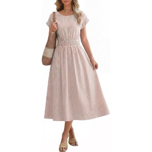 image:imageANRABESS Womens Summer Midi Dress Striped Casual Short Sleeve Crewneck Elastic Waist 2026 Flowy Long Beach Dress with PocketsLight Brown White Stripe
