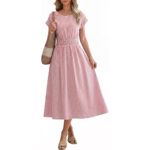 image:imageANRABESS Womens Summer Midi Dress Striped Casual Short Sleeve Crewneck Elastic Waist 2026 Flowy Long Beach Dress with PocketsLightcoral White Stripe