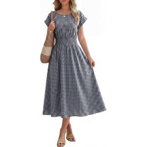 image:imageANRABESS Womens Summer Midi Dress Striped Casual Short Sleeve Crewneck Elastic Waist 2026 Flowy Long Beach Dress with PocketsNavy Gingham