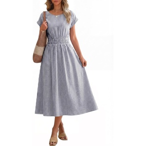 image:imageANRABESS Womens Summer Midi Dress Striped Casual Short Sleeve Crewneck Elastic Waist 2026 Flowy Long Beach Dress with PocketsNavy White Stripe