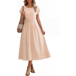 image:imageANRABESS Womens Summer Midi Dress Striped Casual Short Sleeve Crewneck Elastic Waist 2026 Flowy Long Beach Dress with PocketsOrange White Stripe