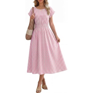 image:imageANRABESS Womens Summer Midi Dress Striped Casual Short Sleeve Crewneck Elastic Waist 2026 Flowy Long Beach Dress with PocketsPink Gingham