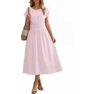 image:imageANRABESS Womens Summer Midi Dress Striped Casual Short Sleeve Crewneck Elastic Waist 2026 Flowy Long Beach Dress with PocketsPink White Stripe