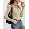 image:imageANRABESS Long Sleeve Shirts for Women Ribbed Knit Tops  Soft Slim Fit Scoop Neck Henley Basic Blouses Business Casual Work Outfits Fall Winter Spring Tee ShirtBeige