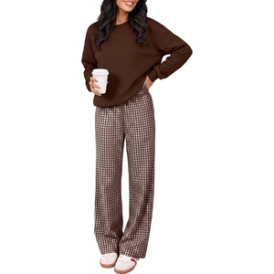 image:imageANRABESS Two Piece Lounge Sets for Women Gingham Sweatsuits  Crewneck Long Sleeve Sweatshirts Wide Leg Pants Set Travel Airport Clothing Daily Casual Wear Matching Fall Winter OutfitsBrown