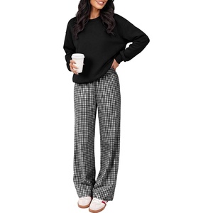 image:imageANRABESS Two Piece Lounge Sets for Women Gingham Sweatsuits  Crewneck Long Sleeve Sweatshirts Wide Leg Pants Set Travel Airport Clothing Daily Casual Wear Matching Fall Winter OutfitsBlack