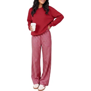 image:imageANRABESS Two Piece Lounge Sets for Women Gingham Sweatsuits  Crewneck Long Sleeve Sweatshirts Wide Leg Pants Set Travel Airport Clothing Daily Casual Wear Matching Fall Winter OutfitsRed