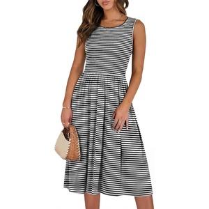 image:imageANRABESS Womens Smocked Summer Sleeveless Midi Dresses  Crewneck Elastic Waist Sundress with PocketsALine Flowy Dress2026 Casual Beach Vacation WorkSpring Fall LayeringBlack Striped