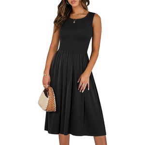 image:imageANRABESS Womens Smocked Summer Sleeveless Midi Dresses  Crewneck Elastic Waist Sundress with PocketsALine Flowy Dress2026 Casual Beach Vacation WorkSpring Fall LayeringBlack