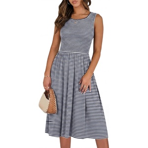 image:imageANRABESS Womens Smocked Summer Sleeveless Midi Dresses  Crewneck Elastic Waist Sundress with PocketsALine Flowy Dress2026 Casual Beach Vacation WorkSpring Fall LayeringBlue Striped
