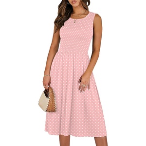 image:imageANRABESS Womens Smocked Summer Sleeveless Midi Dresses  Crewneck Elastic Waist Sundress with PocketsALine Flowy Dress2026 Casual Beach Vacation WorkSpring Fall LayeringPink Round Dot