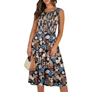 image:imageANRABESS Womens Smocked Summer Sleeveless Midi Dresses  Crewneck Elastic Waist Sundress with PocketsALine Flowy Dress2026 Casual Beach Vacation WorkSpring Fall LayeringFlower Cluster