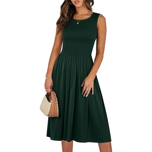image:imageANRABESS Womens Smocked Summer Sleeveless Midi Dresses  Crewneck Elastic Waist Sundress with PocketsALine Flowy Dress2026 Casual Beach Vacation WorkSpring Fall LayeringDark Green
