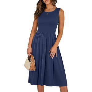 image:imageANRABESS Womens Smocked Summer Sleeveless Midi Dresses  Crewneck Elastic Waist Sundress with PocketsALine Flowy Dress2026 Casual Beach Vacation WorkSpring Fall LayeringNavy Blue