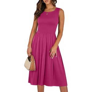 image:imageANRABESS Womens Smocked Summer Sleeveless Midi Dresses  Crewneck Elastic Waist Sundress with PocketsALine Flowy Dress2026 Casual Beach Vacation WorkSpring Fall LayeringHot Pink