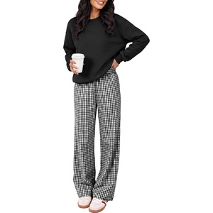image:imageANRABESS Two Piece Sets for Women Gingham Pants Lounge Set  Long Sleeve Sweatshirts Wide Leg Pants Fall Outfits Travel Vacation Airport Fashion Clothing 2026 Daily Matching SweatsuitsBlack
