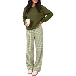 image:imageANRABESS Two Piece Sets for Women Gingham Pants Lounge Set  Long Sleeve Sweatshirts Wide Leg Pants Fall Outfits Travel Vacation Airport Fashion Clothing 2026 Daily Matching SweatsuitsGreen