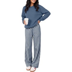 image:imageANRABESS Two Piece Sets for Women Gingham Pants Lounge Set  Long Sleeve Sweatshirts Wide Leg Pants Fall Outfits Travel Vacation Airport Fashion Clothing 2026 Daily Matching SweatsuitsBlue