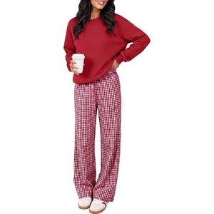 image:imageANRABESS Two Piece Sets for Women Gingham Pants Lounge Set  Long Sleeve Sweatshirts Wide Leg Pants Fall Outfits Travel Vacation Airport Fashion Clothing 2026 Daily Matching SweatsuitsRed